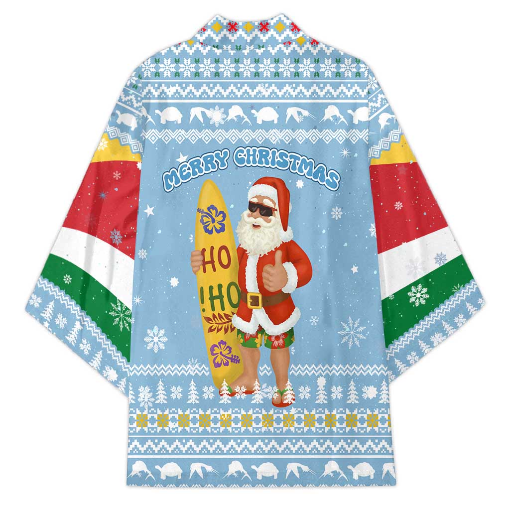 Seychelles Christmas Kimono with Ocean Blue Pattern, Marlin Fish Artwork, and Surfing Santa Motif - Wonder Print Shop