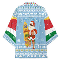 Seychelles Christmas Kimono with Ocean Blue Pattern, Marlin Fish Artwork, and Surfing Santa Motif - Wonder Print Shop