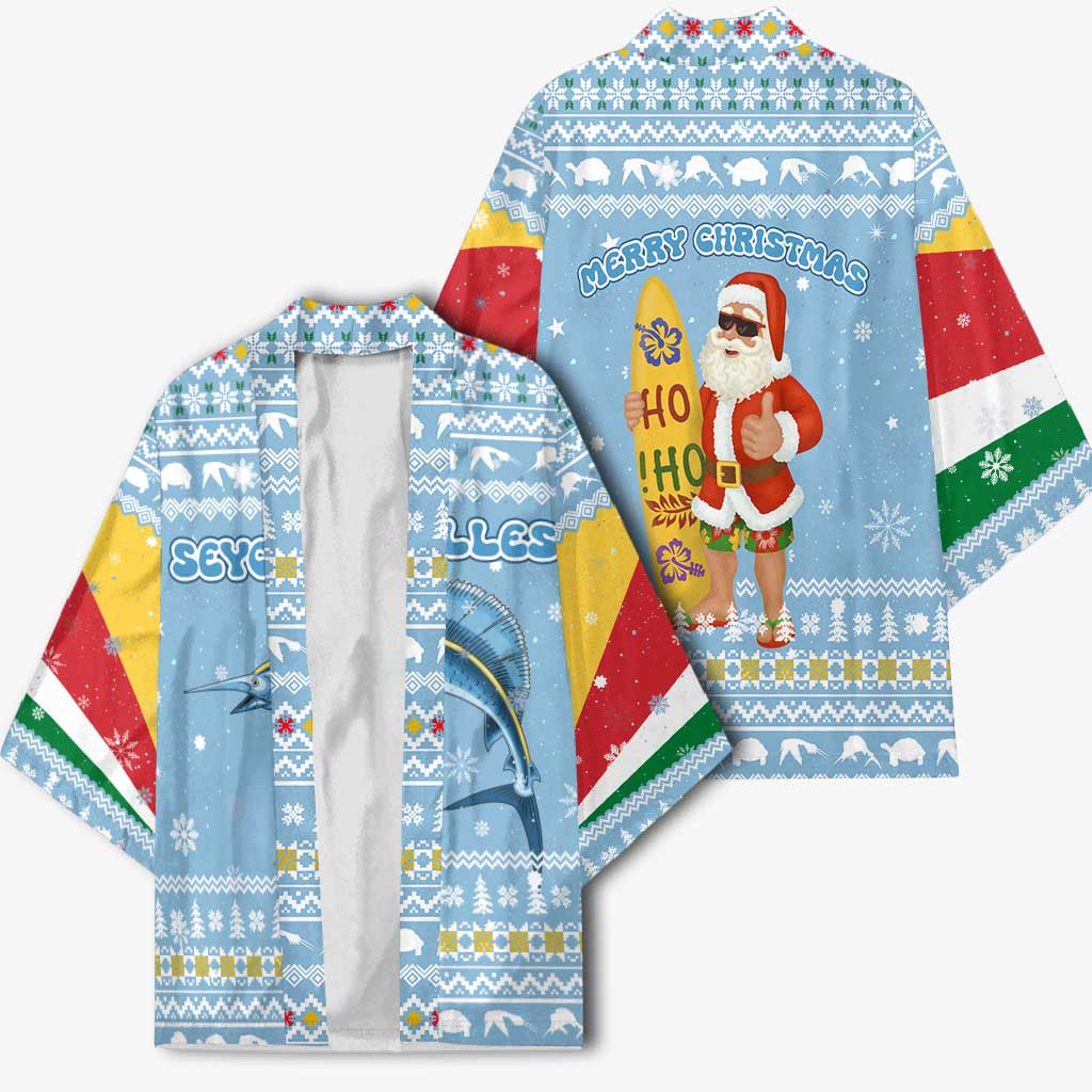 Seychelles Christmas Kimono with Ocean Blue Pattern, Marlin Fish Artwork, and Surfing Santa Motif - Wonder Print Shop