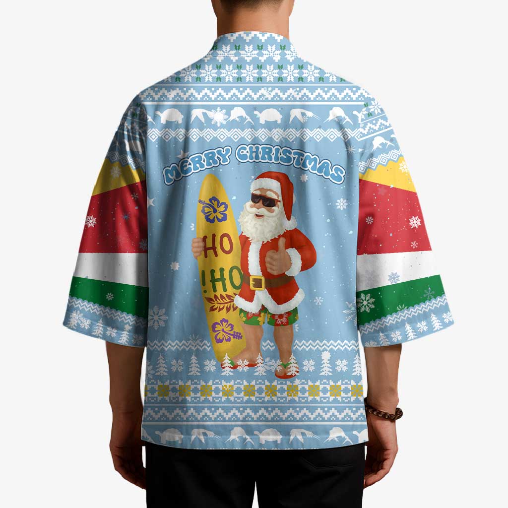 Seychelles Christmas Kimono with Ocean Blue Pattern, Marlin Fish Artwork, and Surfing Santa Motif - Wonder Print Shop