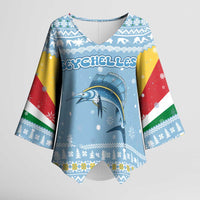 Seychelles Christmas Kimono Sleeve Blouse with Ocean Blue Pattern, Marlin Fish Artwork, and Surfing Santa Motif - Wonder Print Shop