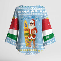 Seychelles Christmas Kimono Sleeve Blouse with Ocean Blue Pattern, Marlin Fish Artwork, and Surfing Santa Motif - Wonder Print Shop