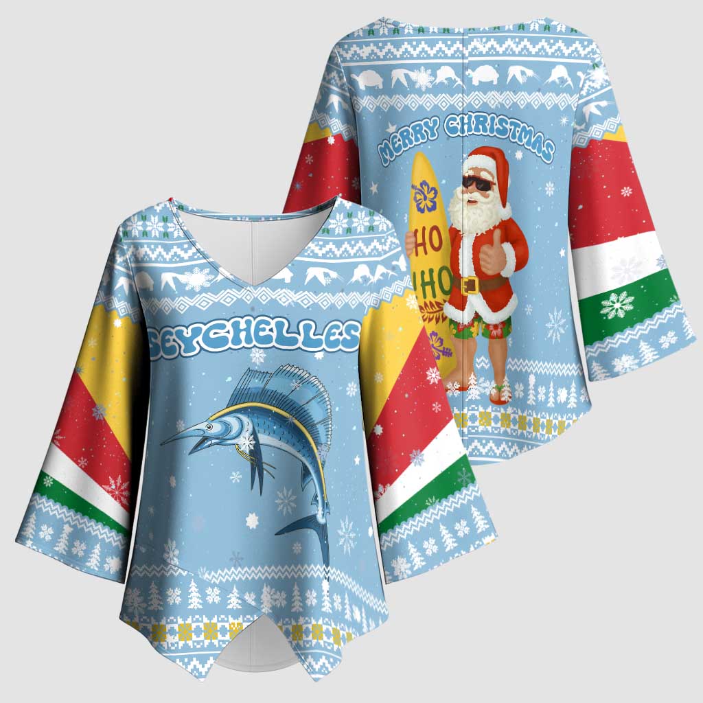 Seychelles Christmas Kimono Sleeve Blouse with Ocean Blue Pattern, Marlin Fish Artwork, and Surfing Santa Motif - Wonder Print Shop