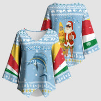 Seychelles Christmas Kimono Sleeve Blouse with Ocean Blue Pattern, Marlin Fish Artwork, and Surfing Santa Motif - Wonder Print Shop
