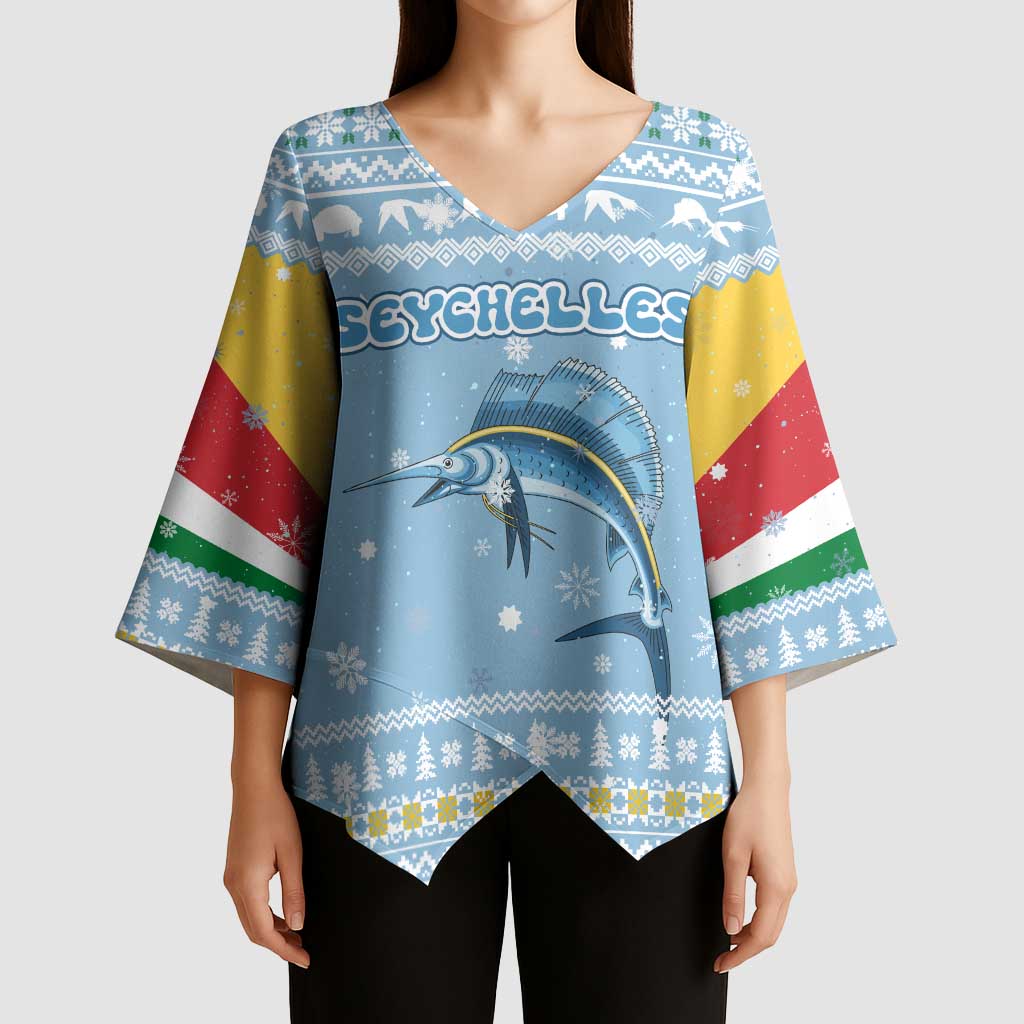 Seychelles Christmas Kimono Sleeve Blouse with Ocean Blue Pattern, Marlin Fish Artwork, and Surfing Santa Motif - Wonder Print Shop