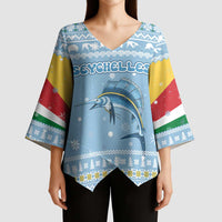 Seychelles Christmas Kimono Sleeve Blouse with Ocean Blue Pattern, Marlin Fish Artwork, and Surfing Santa Motif - Wonder Print Shop