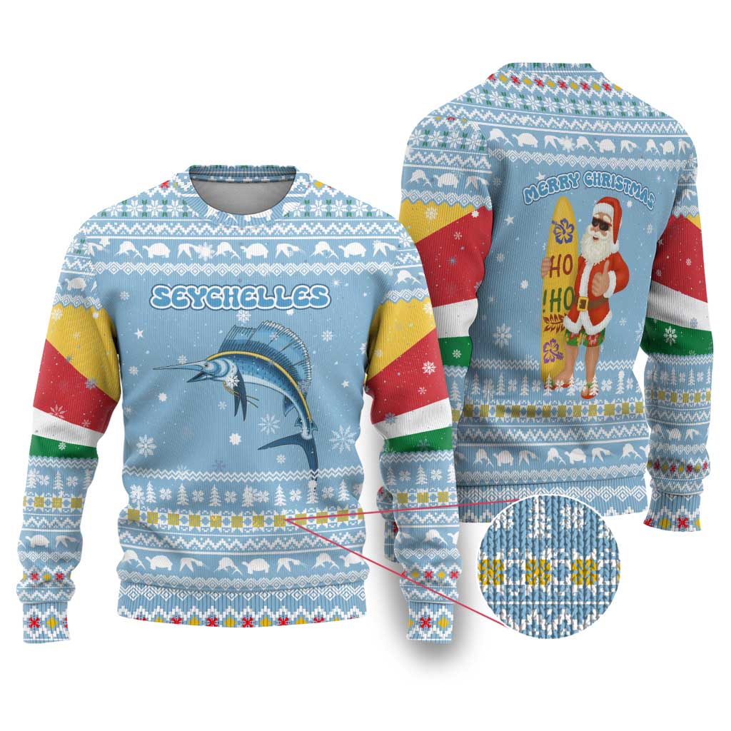 Seychelles Christmas Ugly Christmas Sweater with Ocean Blue Pattern, Marlin Fish Artwork, and Surfing Santa Motif - Wonder Print Shop