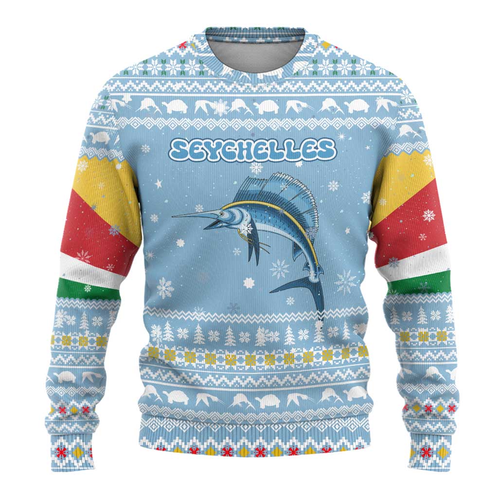 Seychelles Christmas Ugly Christmas Sweater with Ocean Blue Pattern, Marlin Fish Artwork, and Surfing Santa Motif - Wonder Print Shop