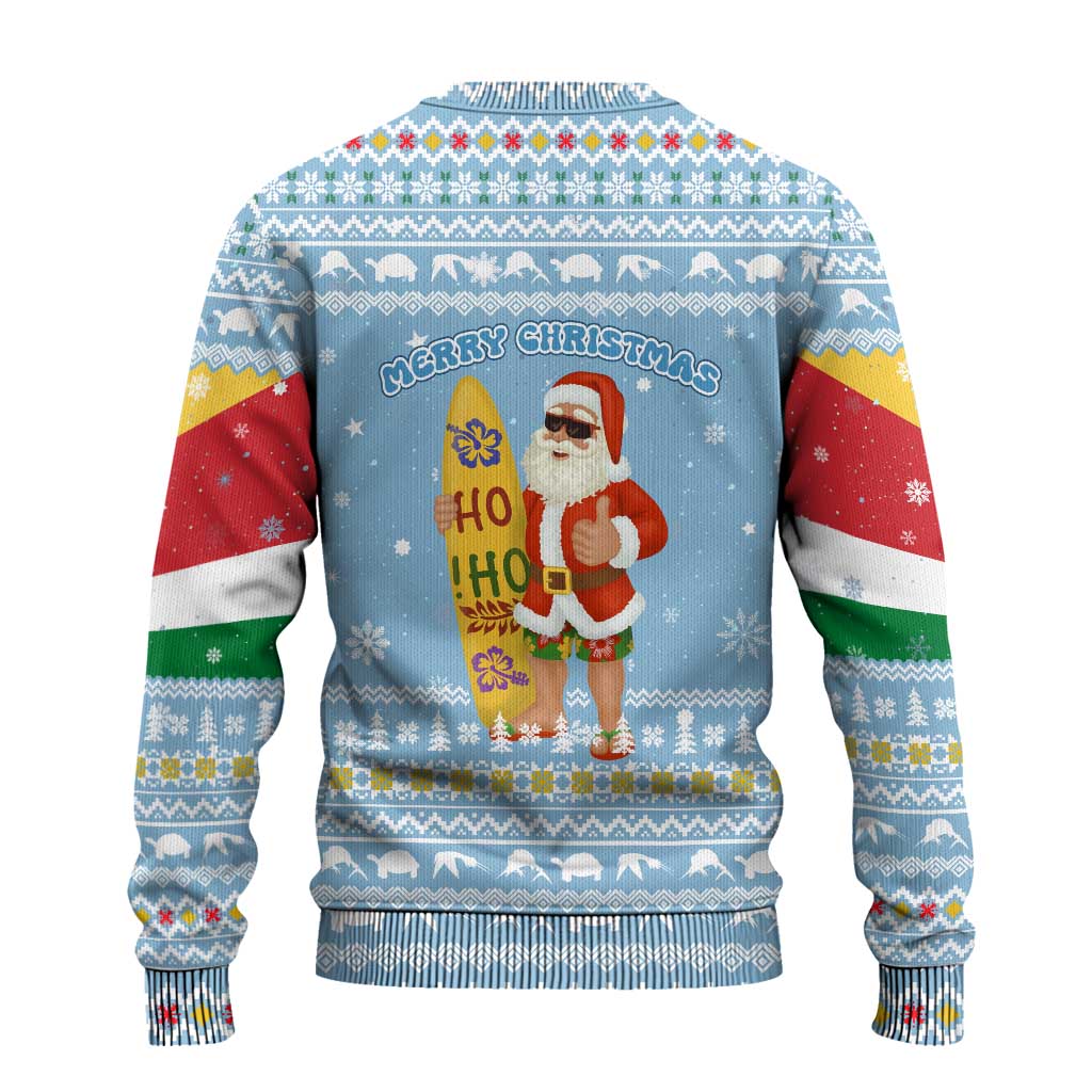 Seychelles Christmas Ugly Christmas Sweater with Ocean Blue Pattern, Marlin Fish Artwork, and Surfing Santa Motif - Wonder Print Shop