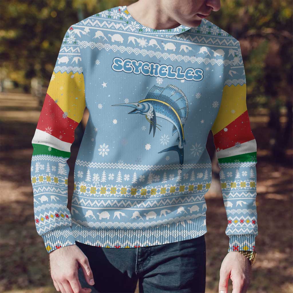 Seychelles Christmas Ugly Christmas Sweater with Ocean Blue Pattern, Marlin Fish Artwork, and Surfing Santa Motif - Wonder Print Shop
