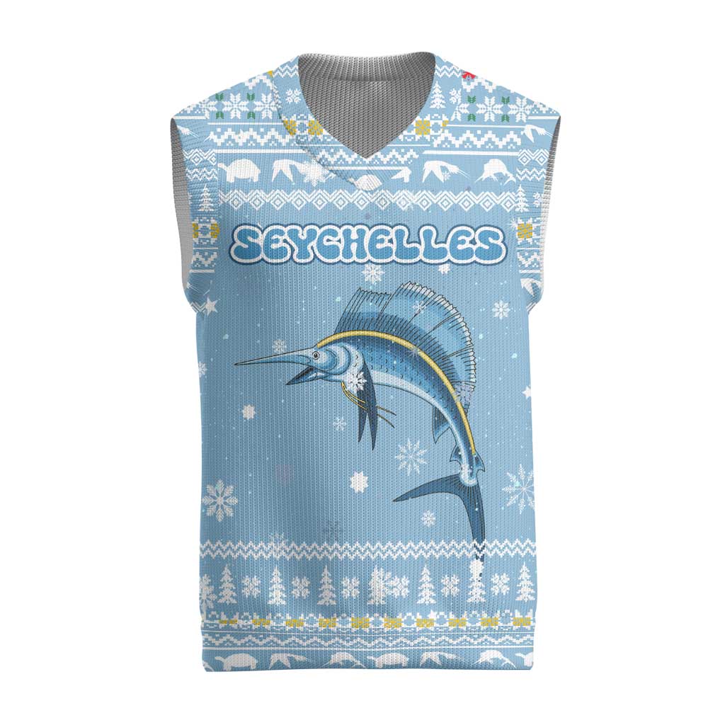 Seychelles Christmas Knitted V-Neck Vest with Ocean Blue Pattern, Marlin Fish Artwork, and Surfing Santa Motif - Wonder Print Shop