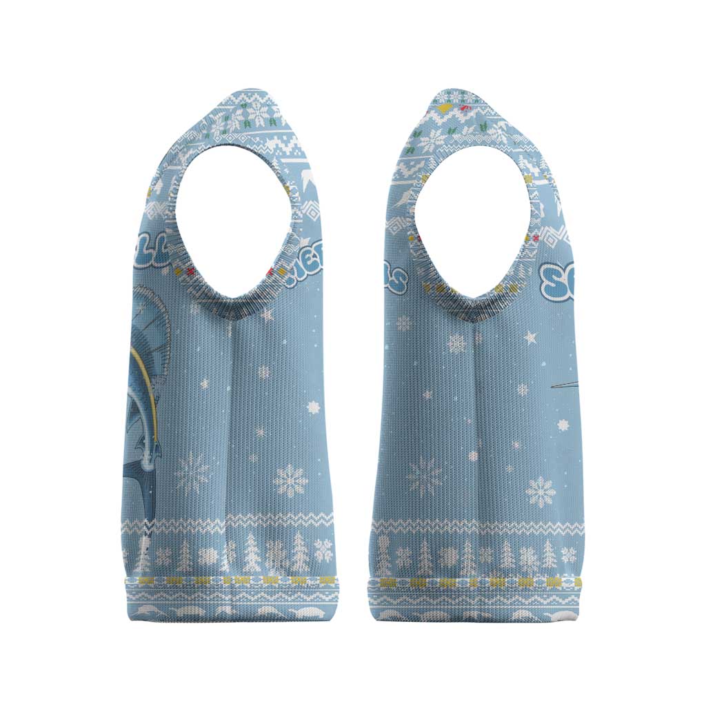 Seychelles Christmas Knitted V-Neck Vest with Ocean Blue Pattern, Marlin Fish Artwork, and Surfing Santa Motif - Wonder Print Shop