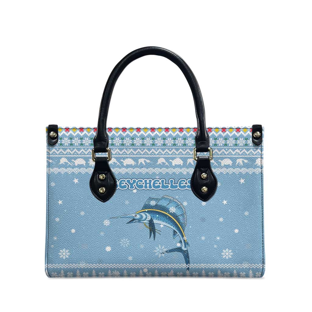 Seychelles Christmas Leather Bag with Ocean Blue Pattern, Marlin Fish Artwork, and Surfing Santa Motif - Wonder Print Shop