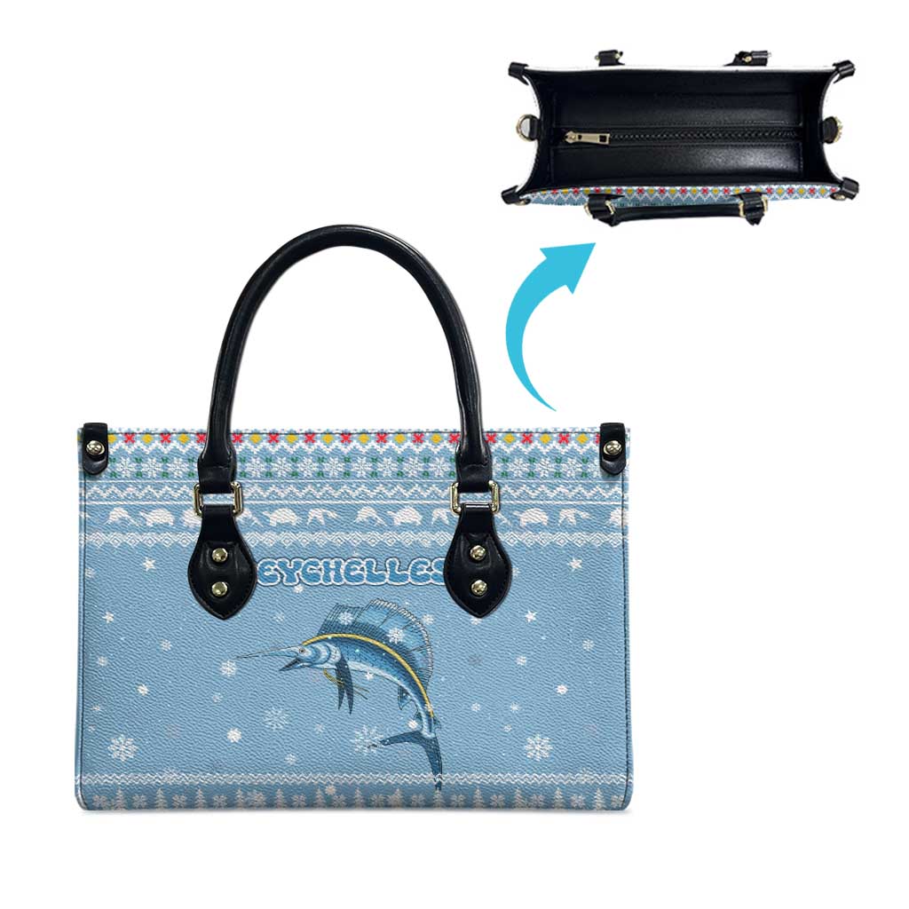 Seychelles Christmas Leather Bag with Ocean Blue Pattern, Marlin Fish Artwork, and Surfing Santa Motif - Wonder Print Shop