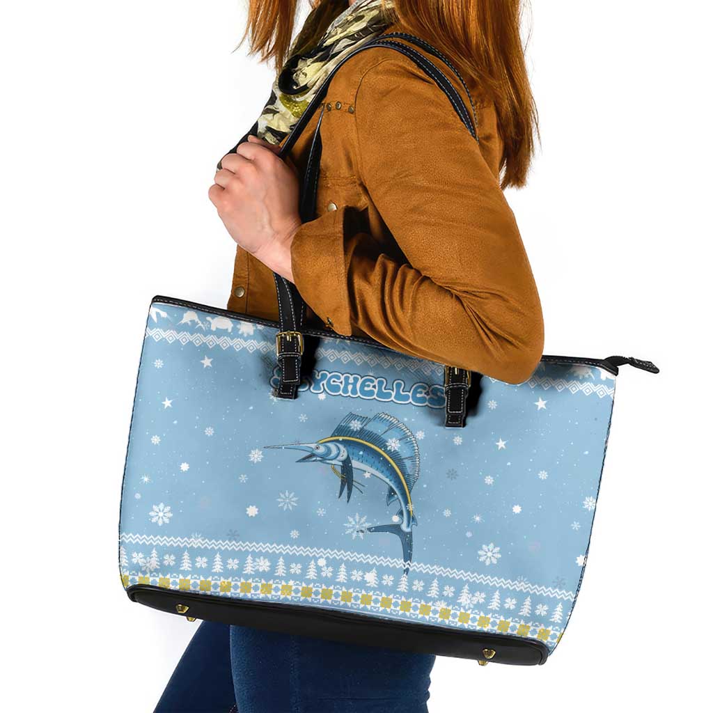 Seychelles Christmas Leather Tote Bag with Ocean Blue Pattern, Marlin Fish Artwork, and Surfing Santa Motif - Wonder Print Shop