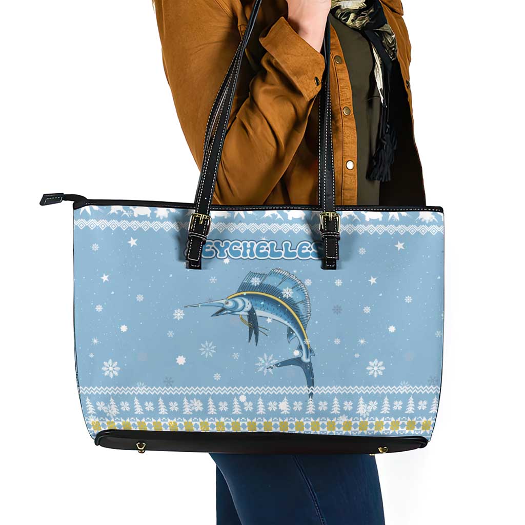 Seychelles Christmas Leather Tote Bag with Ocean Blue Pattern, Marlin Fish Artwork, and Surfing Santa Motif - Wonder Print Shop