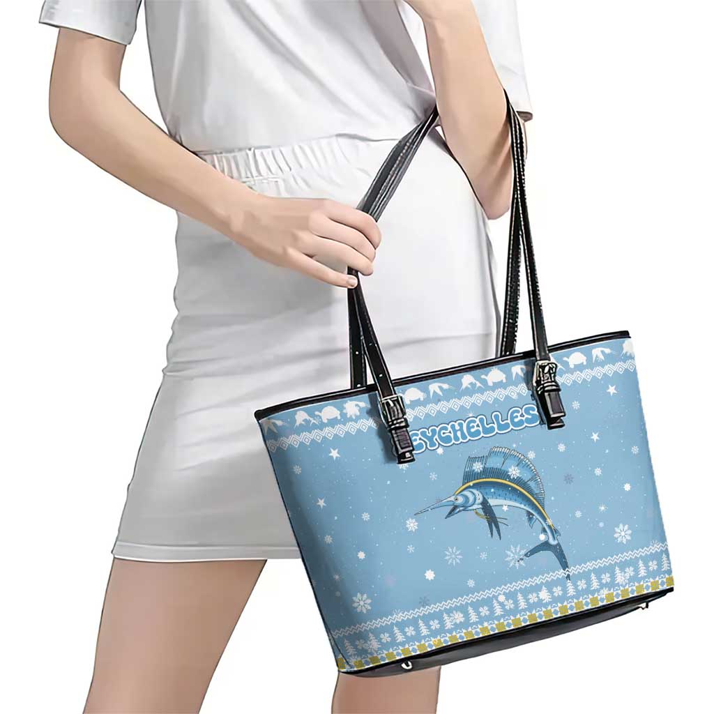 Seychelles Christmas Leather Tote Bag with Ocean Blue Pattern, Marlin Fish Artwork, and Surfing Santa Motif - Wonder Print Shop