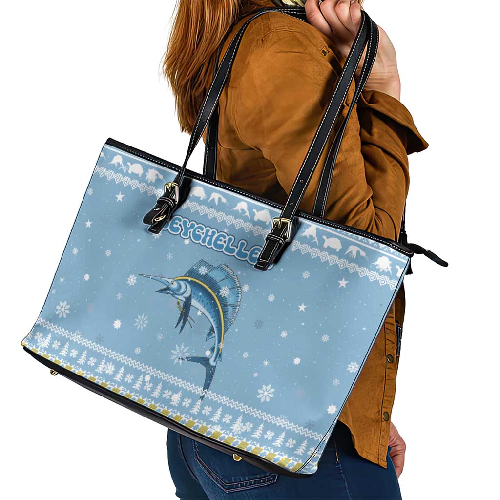 Seychelles Christmas Leather Tote Bag with Ocean Blue Pattern, Marlin Fish Artwork, and Surfing Santa Motif - Wonder Print Shop
