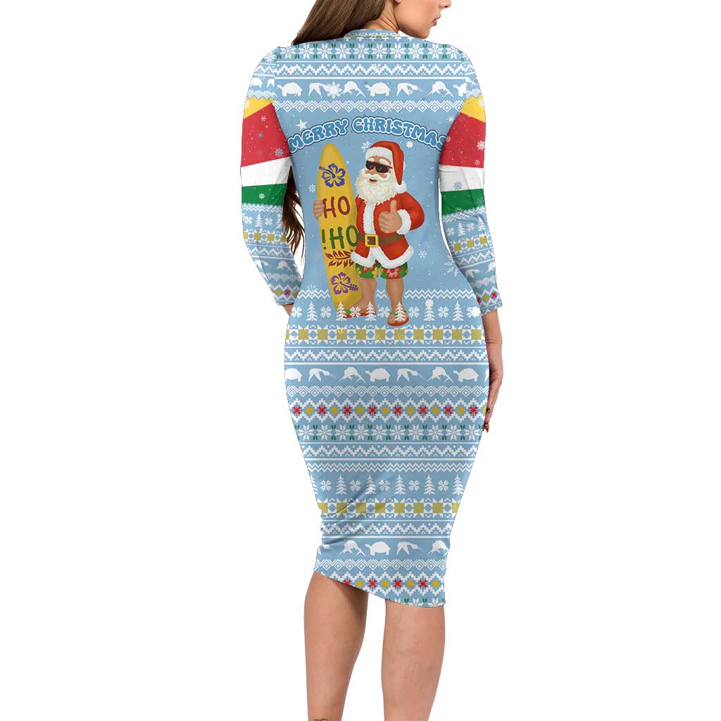 Seychelles Christmas Long Sleeve Bodycon Dress with Ocean Blue Pattern, Marlin Fish Artwork, and Surfing Santa Motif - Wonder Print Shop