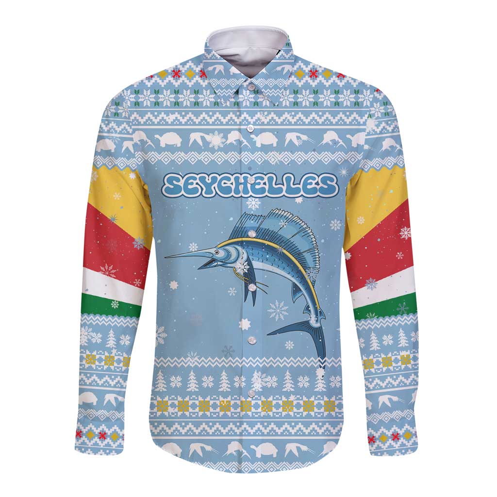 Seychelles Christmas Long Sleeve Button Shirt with Ocean Blue Pattern, Marlin Fish Artwork, and Surfing Santa Motif - Wonder Print Shop