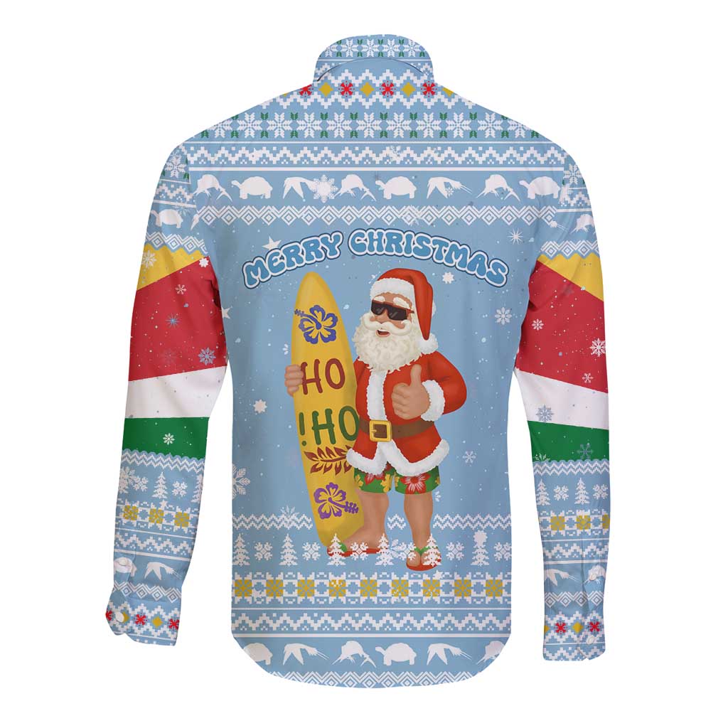 Seychelles Christmas Long Sleeve Button Shirt with Ocean Blue Pattern, Marlin Fish Artwork, and Surfing Santa Motif - Wonder Print Shop