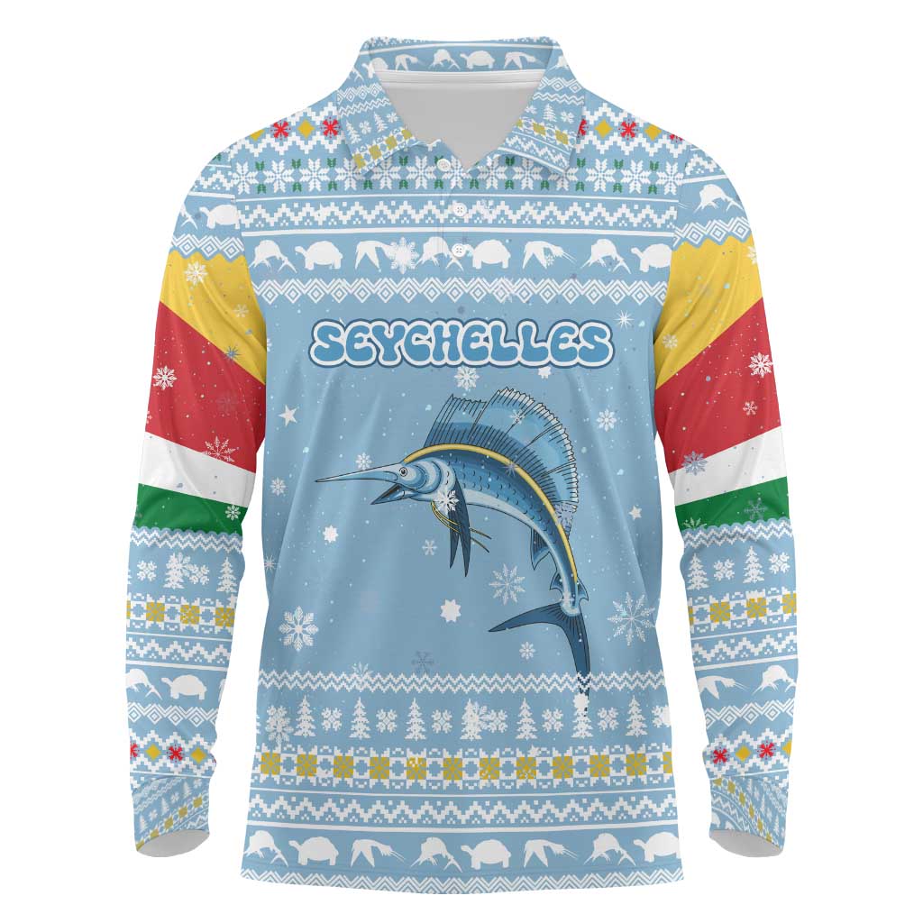 Seychelles Christmas Long Sleeve Polo Shirt with Ocean Blue Pattern, Marlin Fish Artwork, and Surfing Santa Motif - Wonder Print Shop