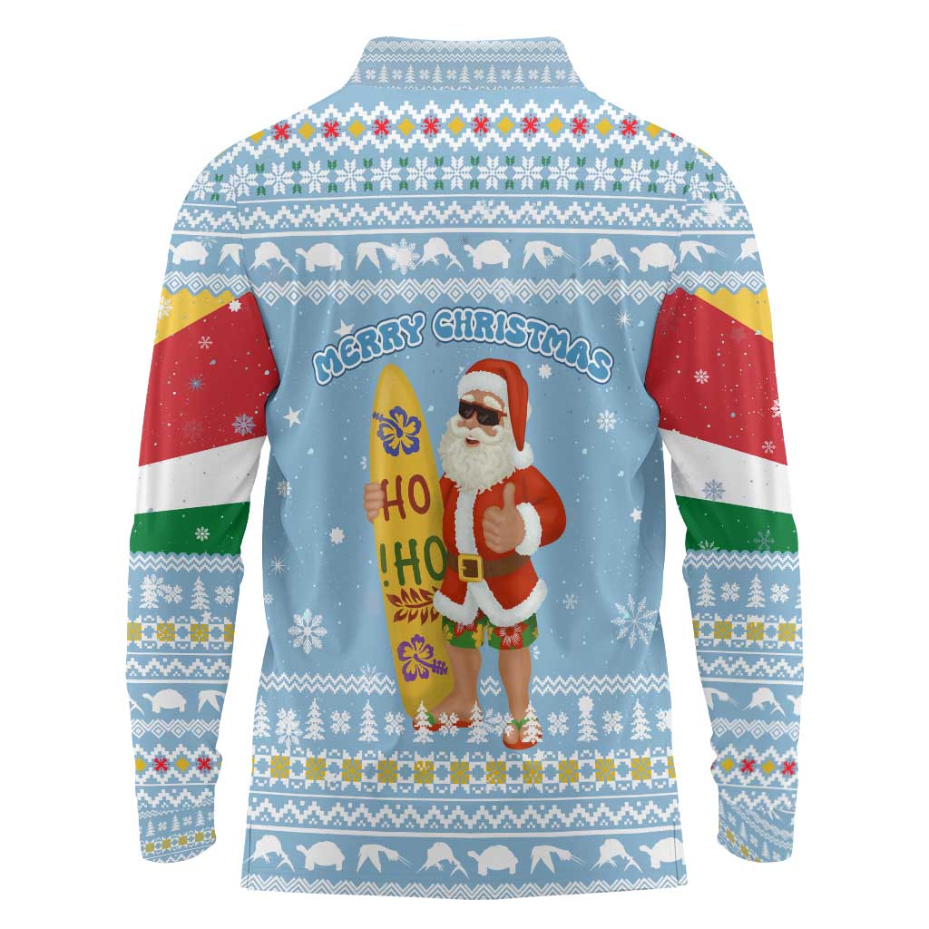 Seychelles Christmas Long Sleeve Polo Shirt with Ocean Blue Pattern, Marlin Fish Artwork, and Surfing Santa Motif - Wonder Print Shop