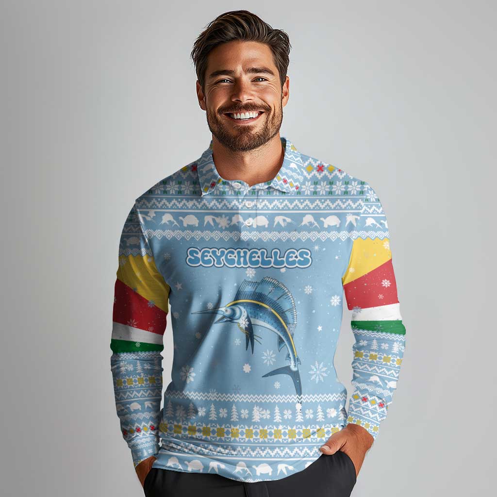 Seychelles Christmas Long Sleeve Polo Shirt with Ocean Blue Pattern, Marlin Fish Artwork, and Surfing Santa Motif - Wonder Print Shop
