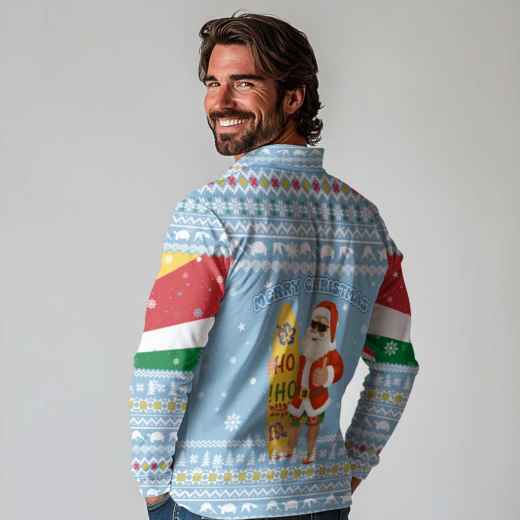Seychelles Christmas Long Sleeve Polo Shirt with Ocean Blue Pattern, Marlin Fish Artwork, and Surfing Santa Motif - Wonder Print Shop
