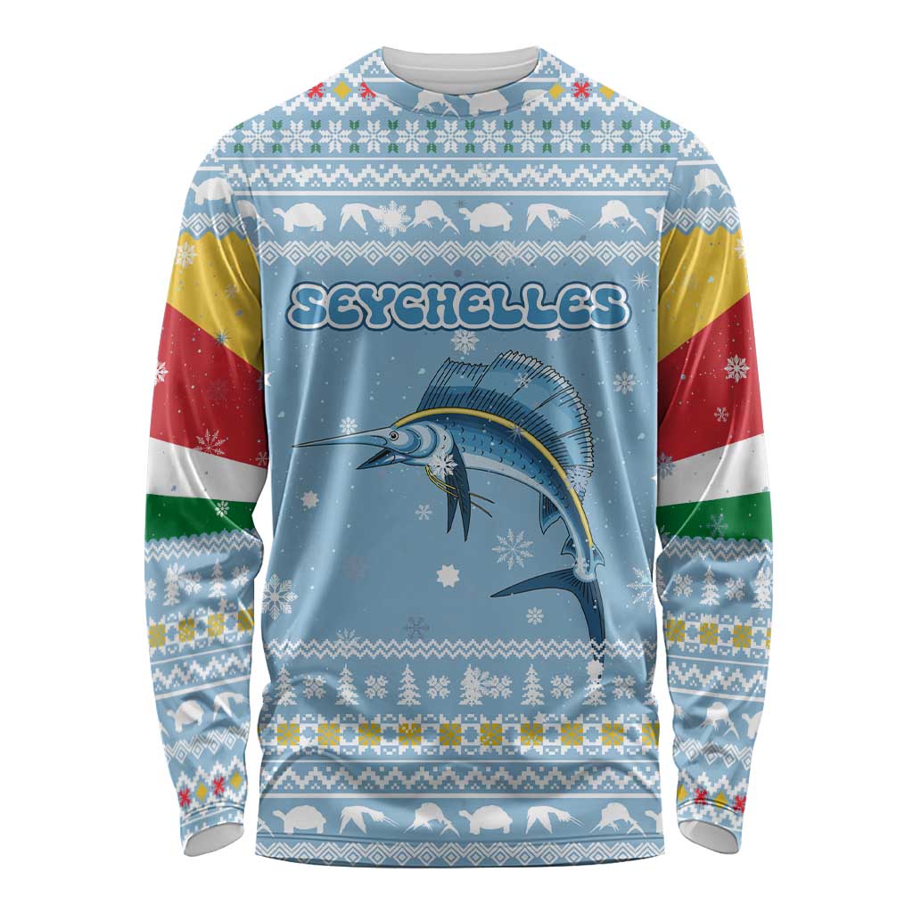 Seychelles Christmas Long Sleeve Shirt with Ocean Blue Pattern, Marlin Fish Artwork, and Surfing Santa Motif - Wonder Print Shop