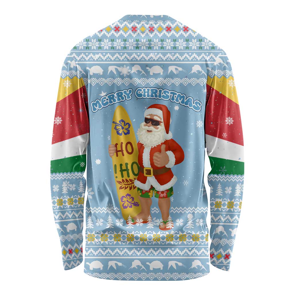 Seychelles Christmas Long Sleeve Shirt with Ocean Blue Pattern, Marlin Fish Artwork, and Surfing Santa Motif - Wonder Print Shop