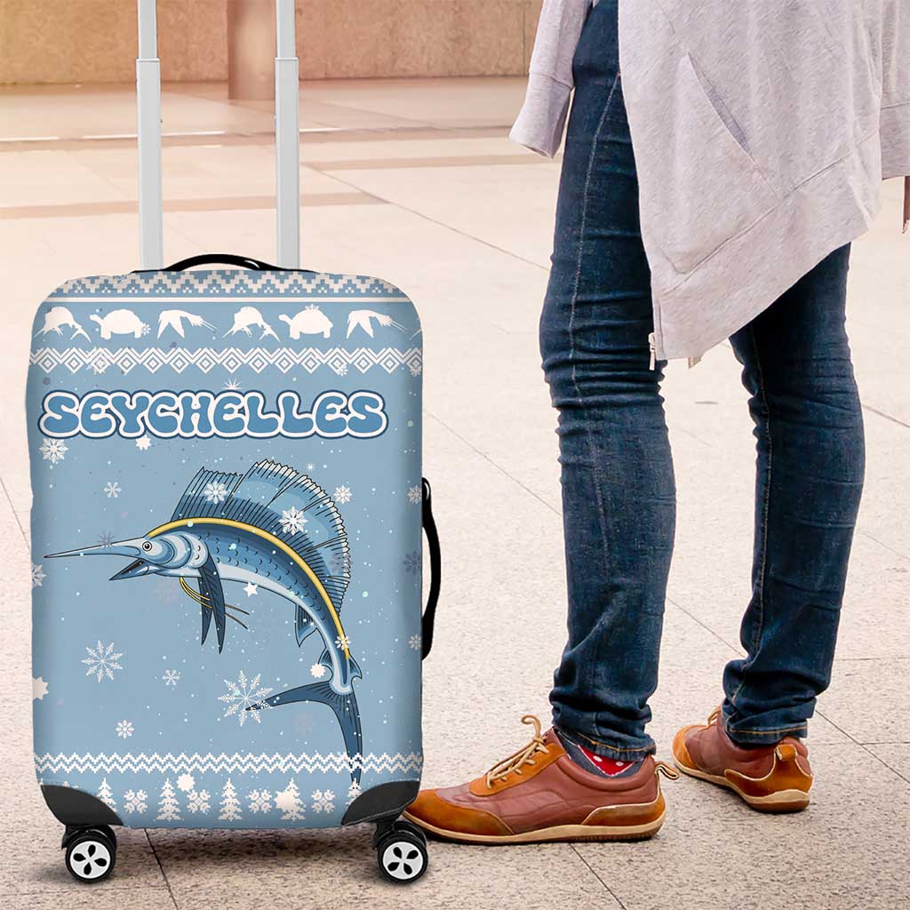 Seychelles Christmas Luggage Cover with Ocean Blue Pattern, Marlin Fish Artwork, and Surfing Santa Motif - Wonder Print Shop