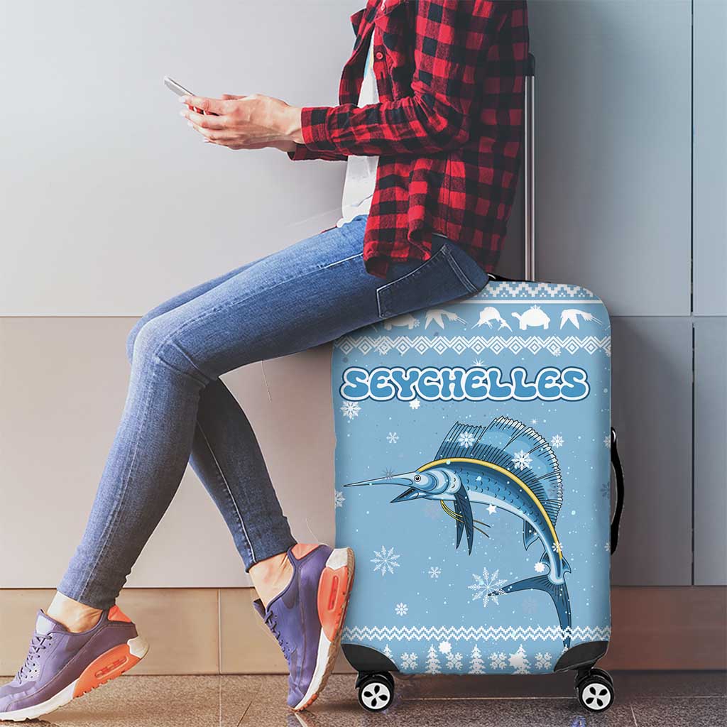 Seychelles Christmas Luggage Cover with Ocean Blue Pattern, Marlin Fish Artwork, and Surfing Santa Motif - Wonder Print Shop