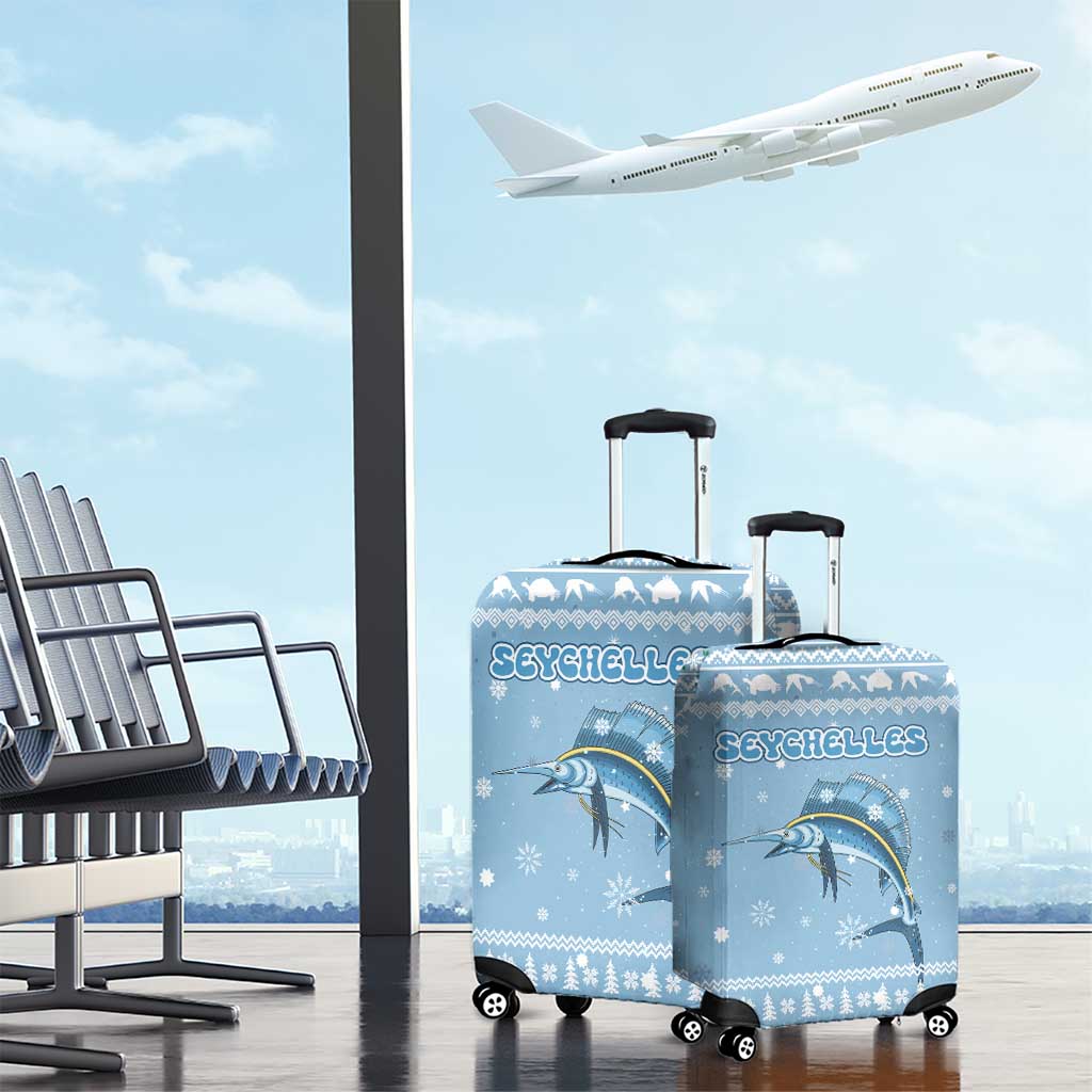 Seychelles Christmas Luggage Cover with Ocean Blue Pattern, Marlin Fish Artwork, and Surfing Santa Motif - Wonder Print Shop
