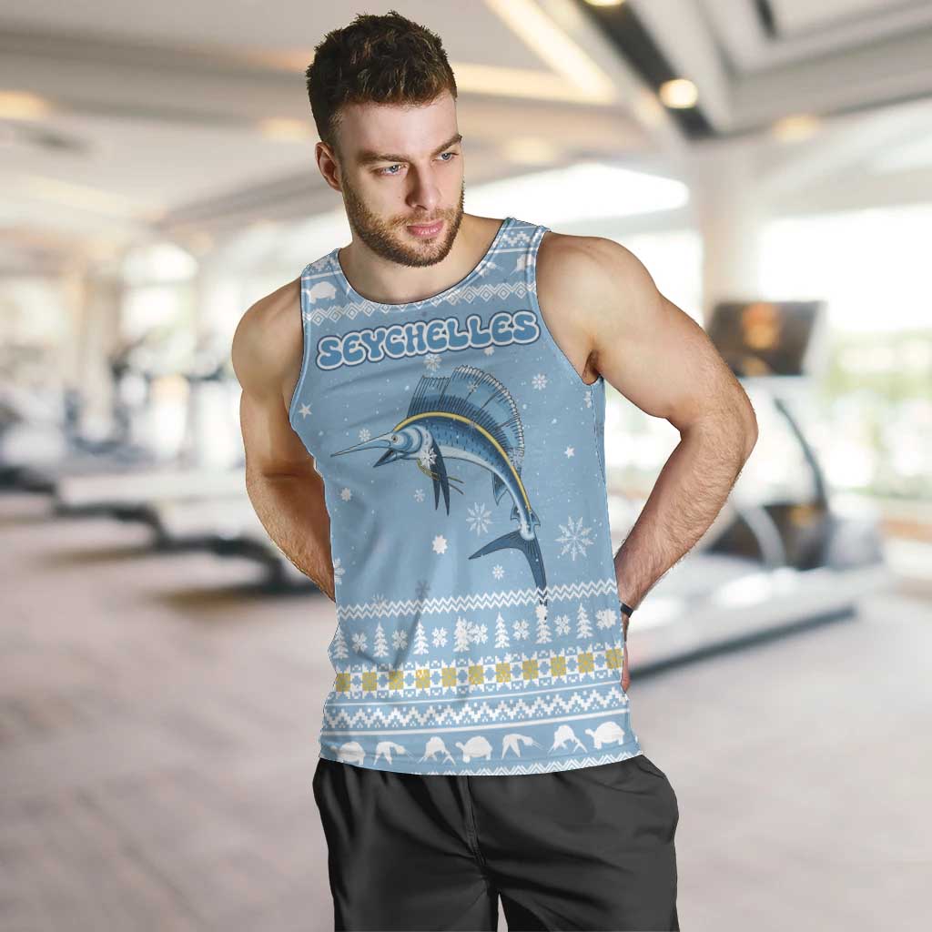 Seychelles Christmas Men Tank Top with Ocean Blue Pattern, Marlin Fish Artwork, and Surfing Santa Motif - Wonder Print Shop
