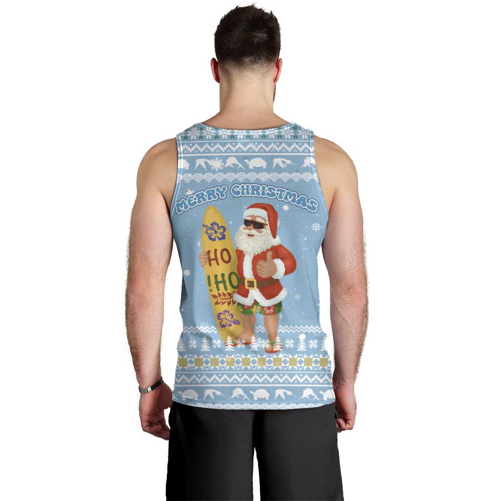 Seychelles Christmas Men Tank Top with Ocean Blue Pattern, Marlin Fish Artwork, and Surfing Santa Motif - Wonder Print Shop