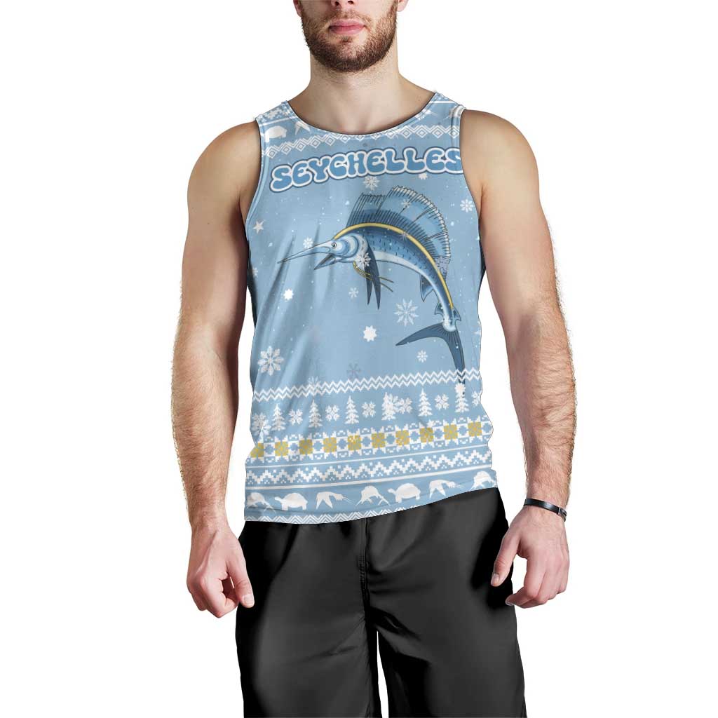 Seychelles Christmas Men Tank Top with Ocean Blue Pattern, Marlin Fish Artwork, and Surfing Santa Motif - Wonder Print Shop