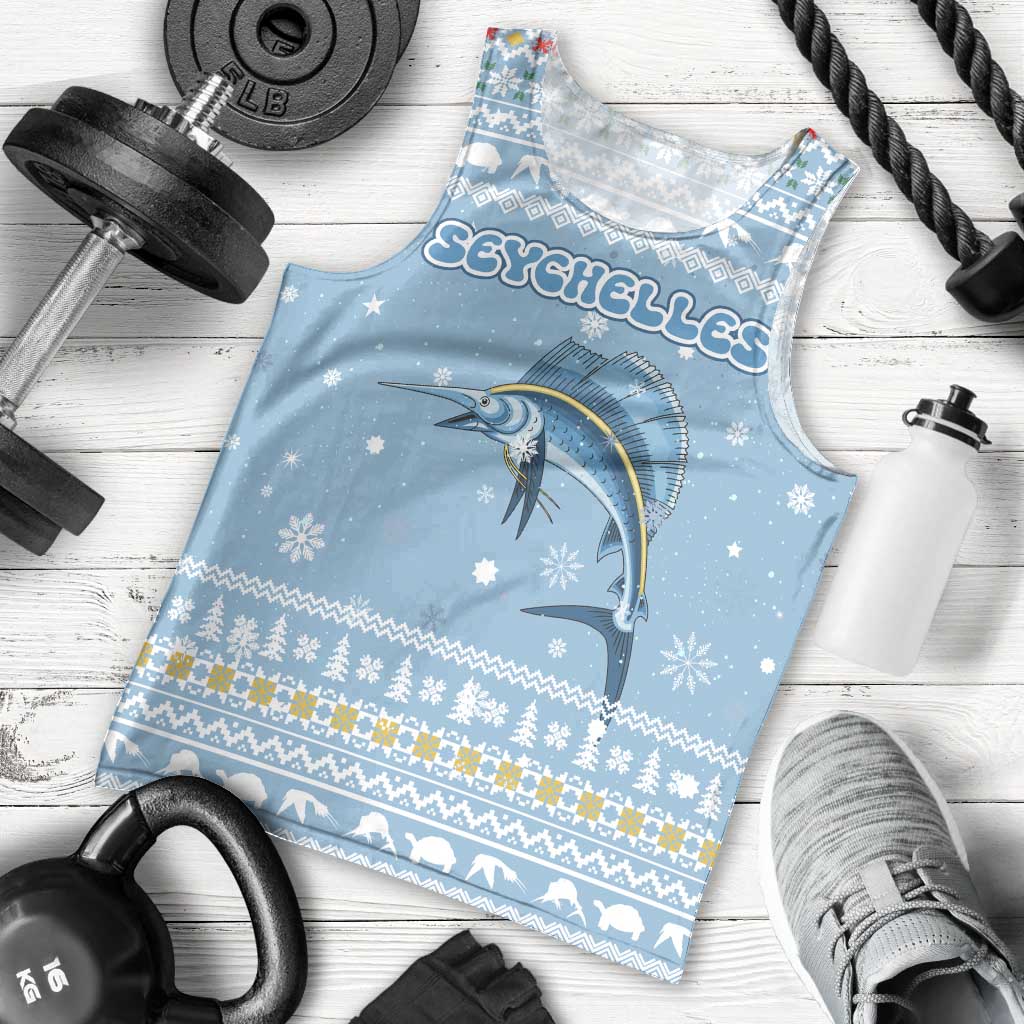 Seychelles Christmas Men Tank Top with Ocean Blue Pattern, Marlin Fish Artwork, and Surfing Santa Motif - Wonder Print Shop