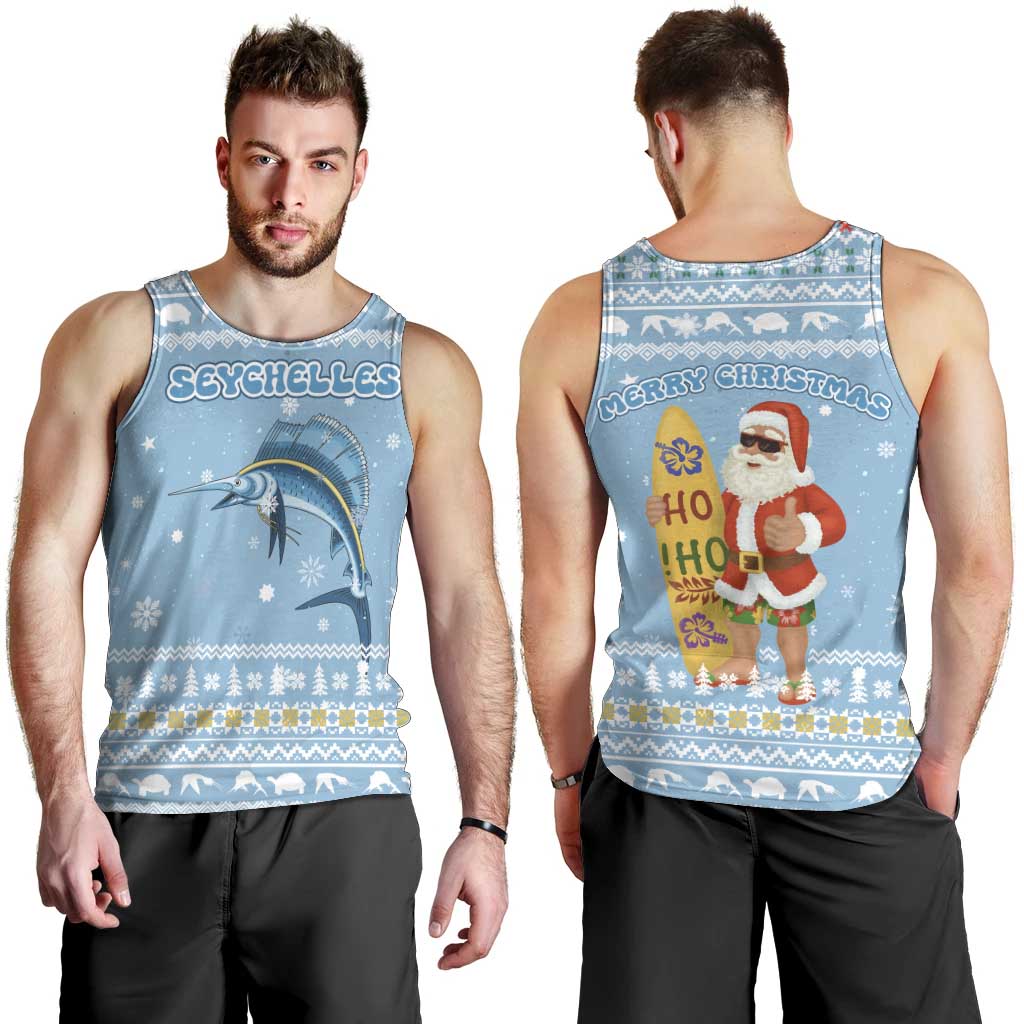 Seychelles Christmas Men Tank Top with Ocean Blue Pattern, Marlin Fish Artwork, and Surfing Santa Motif - Wonder Print Shop
