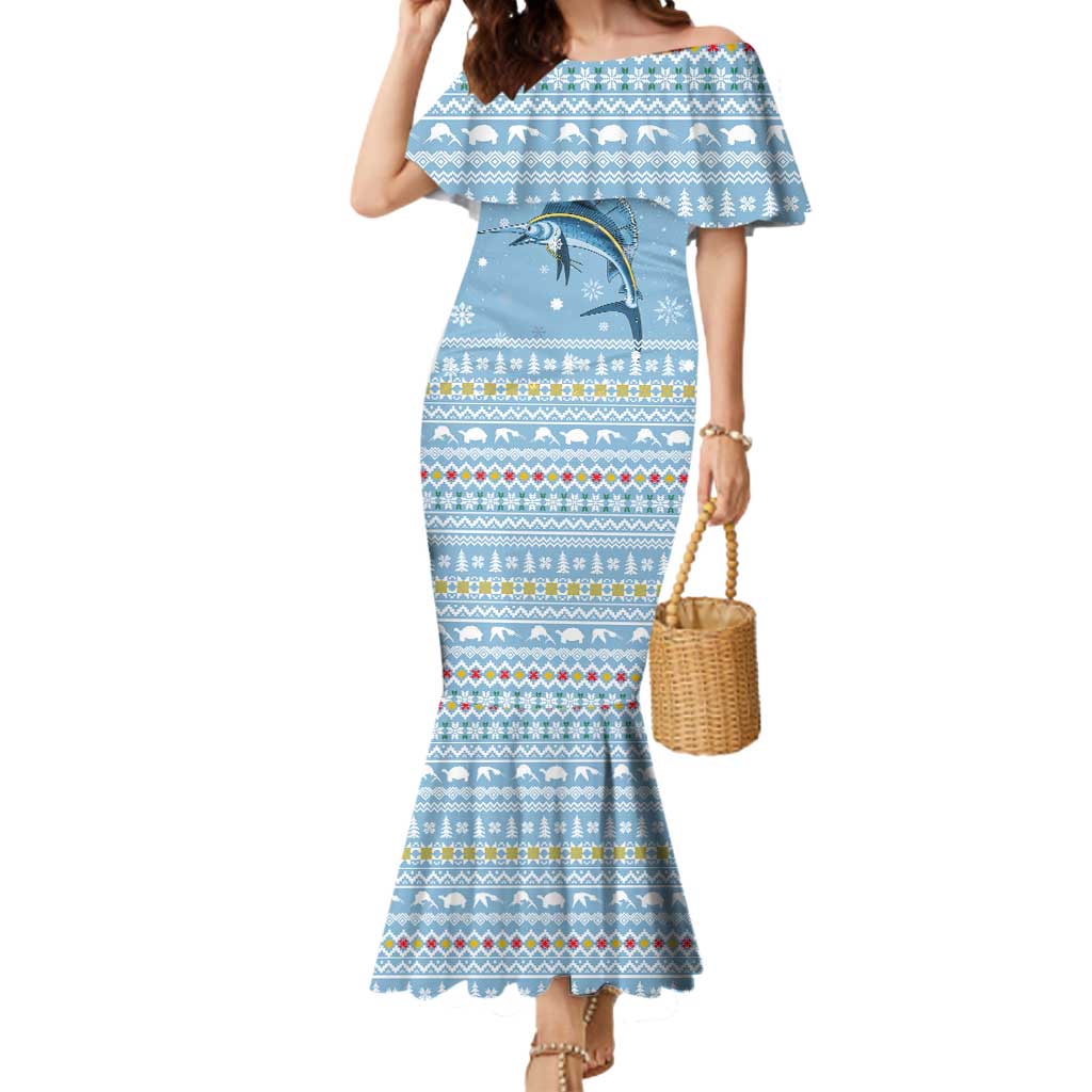 Seychelles Christmas Mermaid Dress with Ocean Blue Pattern, Marlin Fish Artwork, and Surfing Santa Motif - Wonder Print Shop