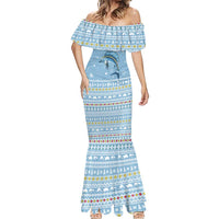 Seychelles Christmas Mermaid Dress with Ocean Blue Pattern, Marlin Fish Artwork, and Surfing Santa Motif - Wonder Print Shop