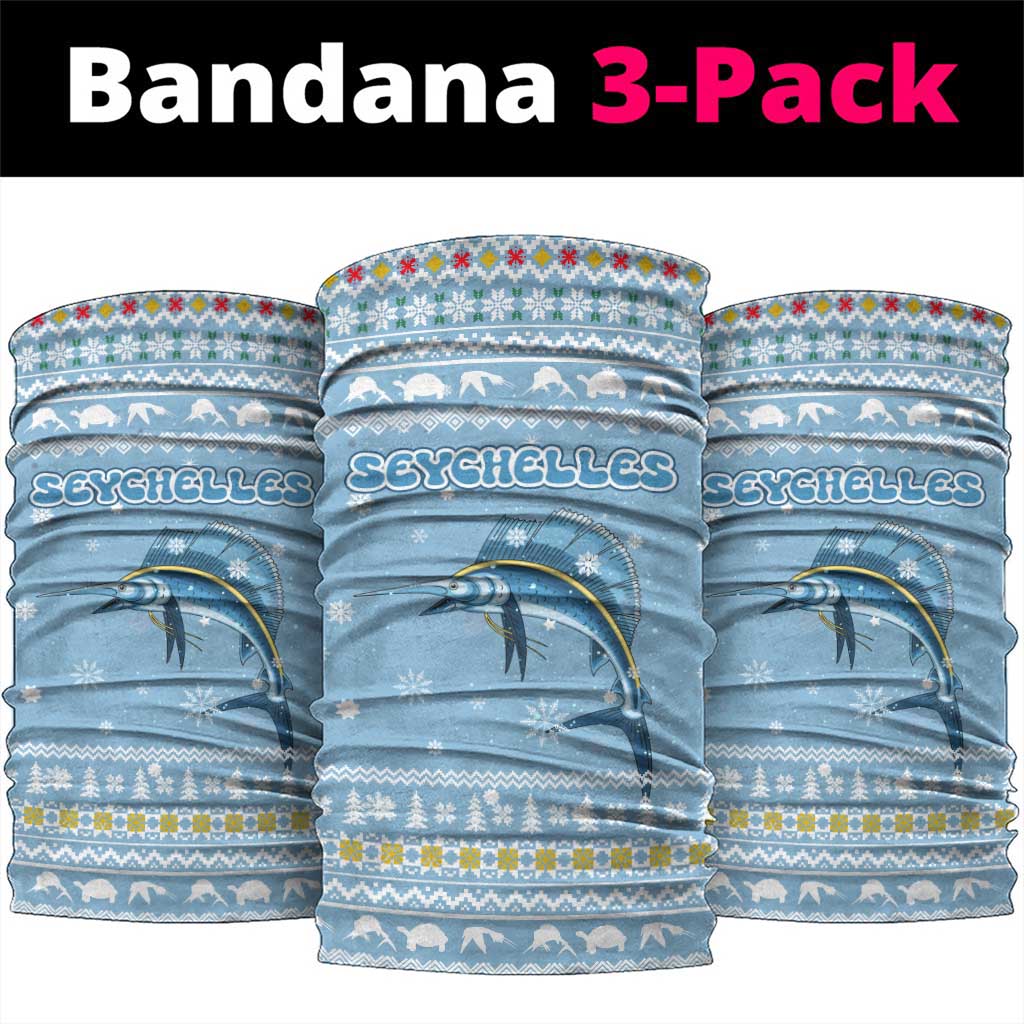 Seychelles Christmas Neck Gaiter with Ocean Blue Pattern, Marlin Fish Artwork, and Surfing Santa Motif - Wonder Print Shop