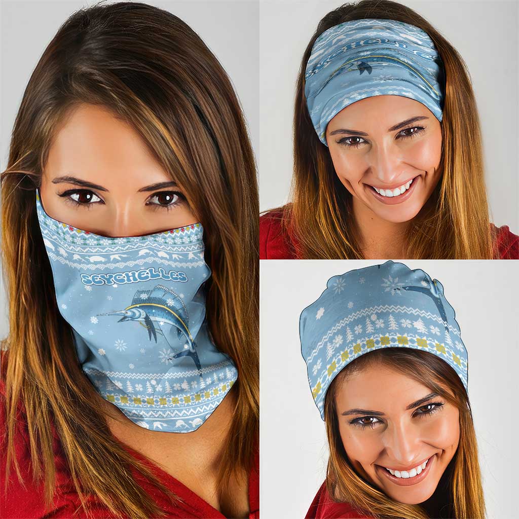 Seychelles Christmas Neck Gaiter with Ocean Blue Pattern, Marlin Fish Artwork, and Surfing Santa Motif - Wonder Print Shop