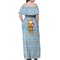 Seychelles Christmas Off Shoulder Maxi Dress with Ocean Blue Pattern, Marlin Fish Artwork, and Surfing Santa Motif - Wonder Print Shop