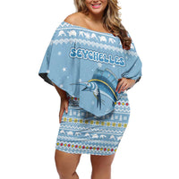 Seychelles Christmas Off Shoulder Short Dress with Ocean Blue Pattern, Marlin Fish Artwork, and Surfing Santa Motif - Wonder Print Shop