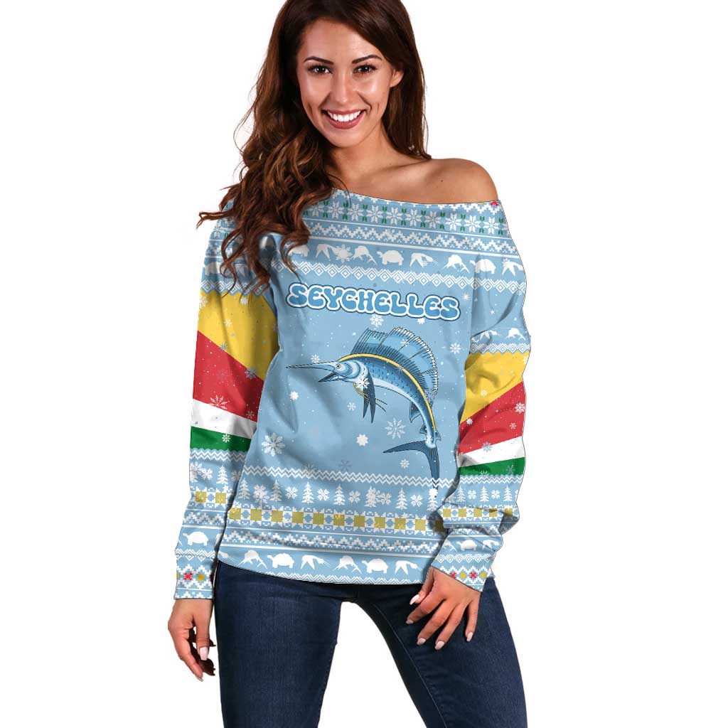 Seychelles Christmas Off Shoulder Sweater with Ocean Blue Pattern, Marlin Fish Artwork, and Surfing Santa Motif - Wonder Print Shop