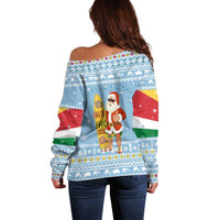 Seychelles Christmas Off Shoulder Sweater with Ocean Blue Pattern, Marlin Fish Artwork, and Surfing Santa Motif - Wonder Print Shop