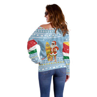 Seychelles Christmas Off Shoulder Sweater with Ocean Blue Pattern, Marlin Fish Artwork, and Surfing Santa Motif - Wonder Print Shop