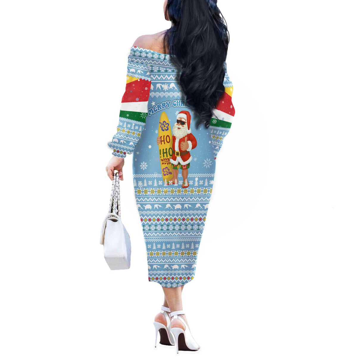 Seychelles Christmas Off The Shoulder Long Sleeve Dress with Ocean Blue Pattern, Marlin Fish Artwork, and Surfing Santa Motif - Wonder Print Shop