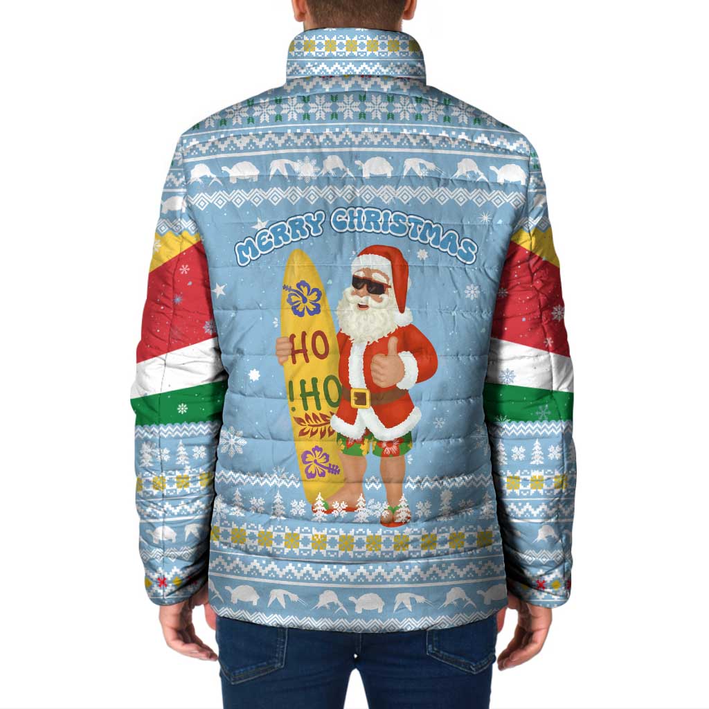 Seychelles Christmas Padded Jacket with Ocean Blue Pattern, Marlin Fish Artwork, and Surfing Santa Motif - Wonder Print Shop